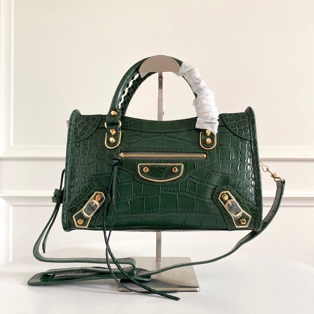 【Balenciaga Original】Latest Crocodile-Patterned Motorcycle Bag  Dark Green