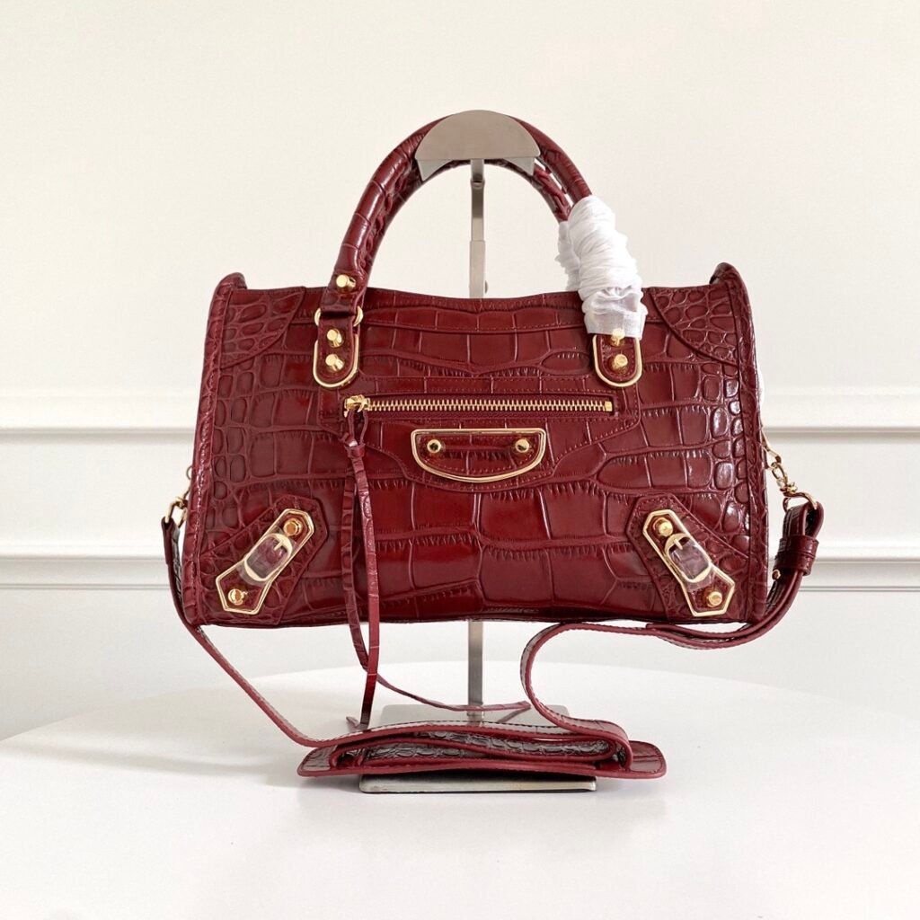[Balenciaga Original] Latest Crocodile-Embossed Motorcycle Bag  Wine Red